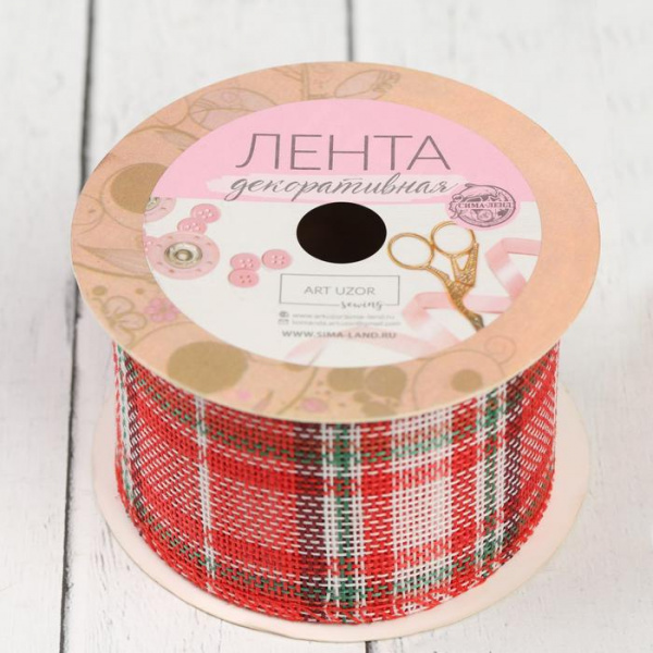 Лента из джута «Клетка», ширина 50 мм, 4,5 ± 0,5 м, цвет красный/белый