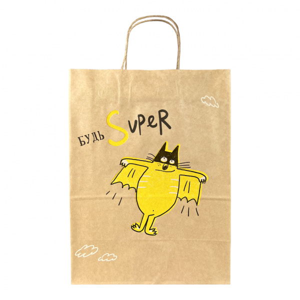 Пакет бумажный "Будь Супер" 350х260х150 крученые ручки 80г/м2