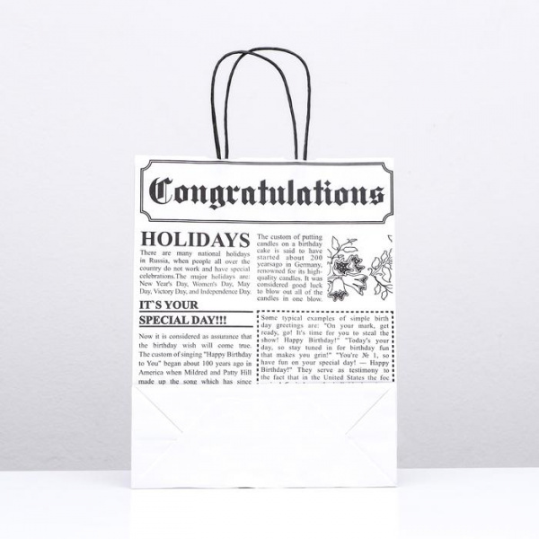 Крафт пакет с кручёными ручками 320 х 250 х 100 мм "Газета" БЕЛЫЙ